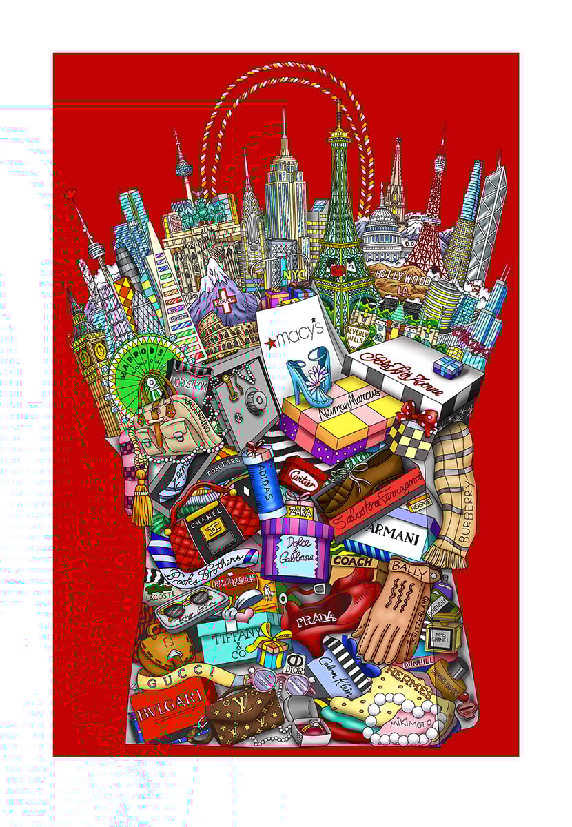 Hey Girlfriend, Let's go Shopping (red) — Charles Fazzino