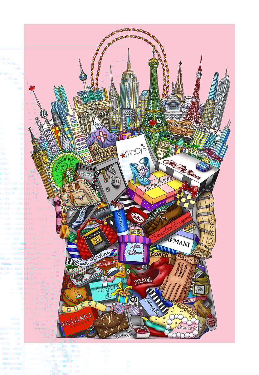 Hey Girlfriend, Let's go Shopping pink — Charles Fazzino